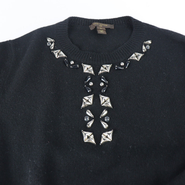 美品 LOUIS VUITTON ルイ ヴィトン アパレル ワンピース RW152A F8KD15OJW 表記サイズ L カシミヤ 100％ ブラック ニット 半袖 メタル飾り付き