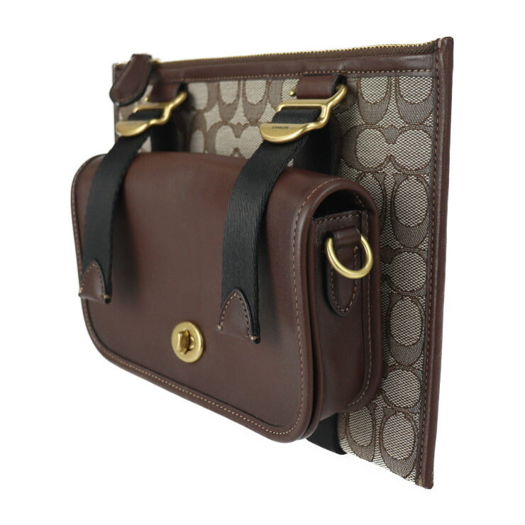 Good condition COACH multi-function crossbody with Dinky shoulder bag C2613 Signature jacquard leather brown with gold hardware Second bag Clutch bag Pouch