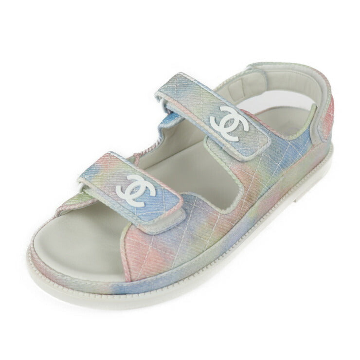超美品 CHANEL シャネル ココマーク フットベッド スポーツサンダル マトラッセ サンダル G35927/X56389/K3815 表記サイズ 39C ファブリック レザー グリーン ピンク ブルー パステルカラー ホワイト系 参考サイズ約25cm