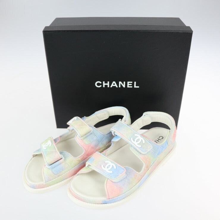 超美品 CHANEL シャネル ココマーク フットベッド スポーツサンダル マトラッセ サンダル G35927/X56389/K3815 表記サイズ 39C ファブリック レザー グリーン ピンク ブルー パステルカラー ホワイト系 参考サイズ約25cm