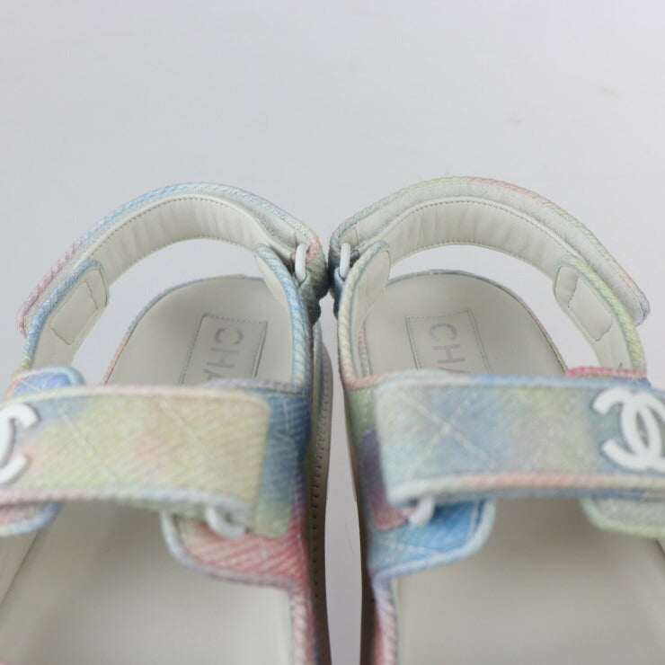 超美品 CHANEL シャネル ココマーク フットベッド スポーツサンダル マトラッセ サンダル G35927/X56389/K3815 表記サイズ 39C ファブリック レザー グリーン ピンク ブルー パステルカラー ホワイト系 参考サイズ約25cm
