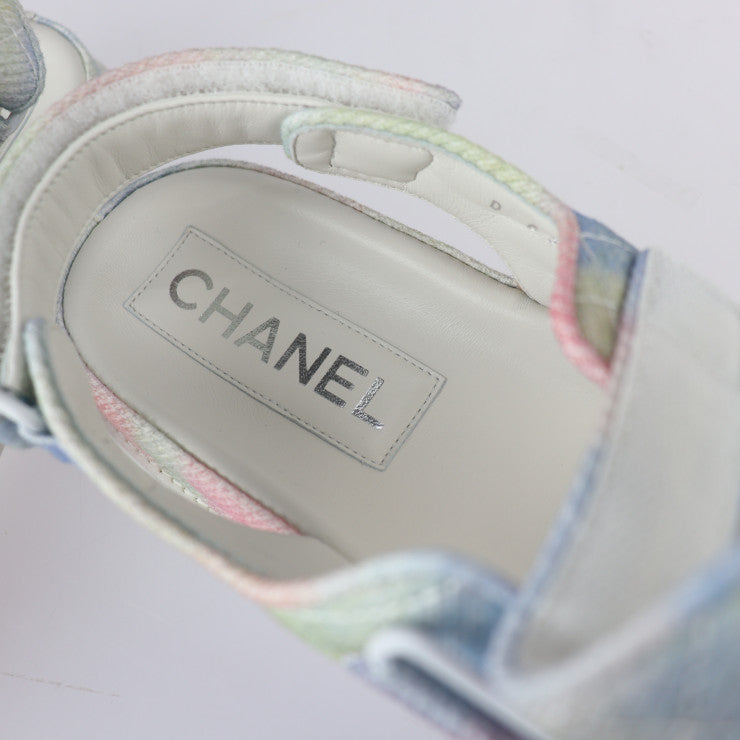 超美品 CHANEL シャネル ココマーク フットベッド スポーツサンダル マトラッセ サンダル G35927/X56389/K3815 表記サイズ 39C ファブリック レザー グリーン ピンク ブルー パステルカラー ホワイト系 参考サイズ約25cm