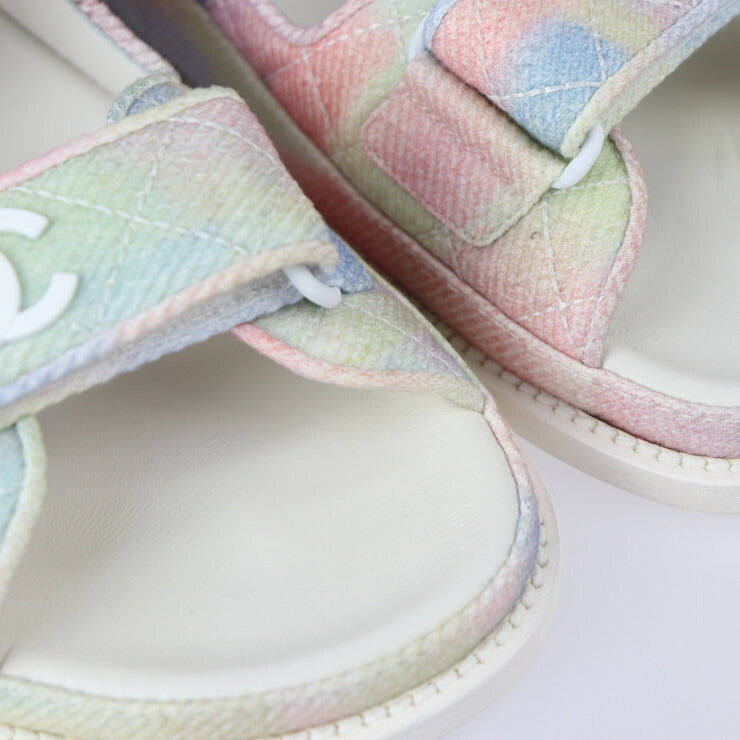 超美品 CHANEL シャネル ココマーク フットベッド スポーツサンダル マトラッセ サンダル G35927/X56389/K3815 表記サイズ 39C ファブリック レザー グリーン ピンク ブルー パステルカラー ホワイト系 参考サイズ約25cm