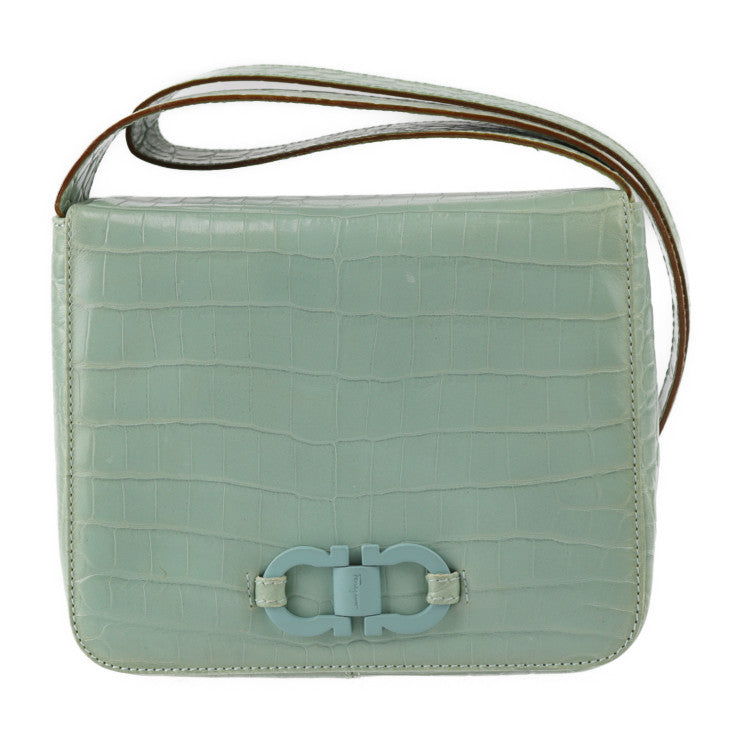美品 Salvatore Ferragamo サルヴァトーレ フェラガモ ガンチーニ ショルダーバッグ 216195 クロコ型押しレザー グリーン系