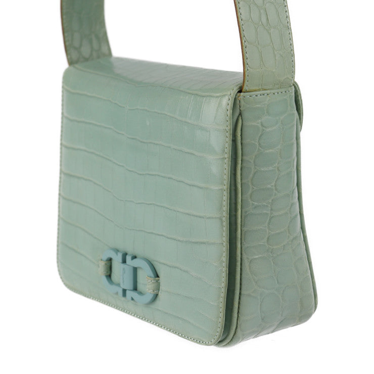 美品 Salvatore Ferragamo サルヴァトーレ フェラガモ ガンチーニ ショルダーバッグ 216195 クロコ型押しレザー グリーン系
