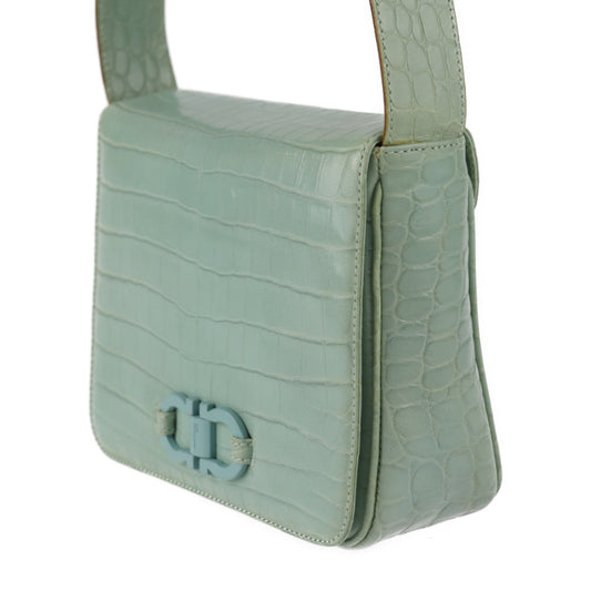 美品 Salvatore Ferragamo サルヴァトーレ フェラガモ ガンチーニ ショルダーバッグ 216195 クロコ型押しレザー グリーン系