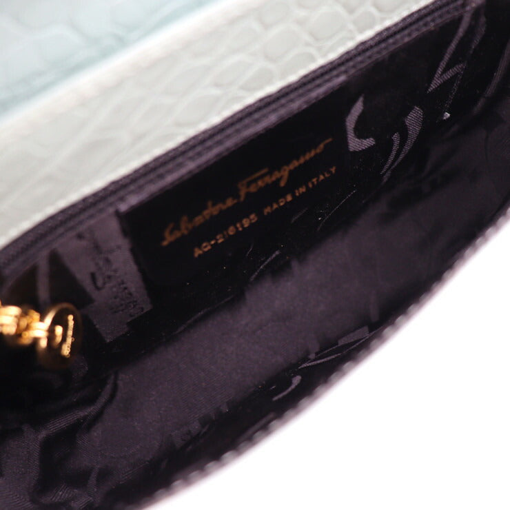 美品 Salvatore Ferragamo サルヴァトーレ フェラガモ ガンチーニ ショルダーバッグ 216195 クロコ型押しレザー グリーン系