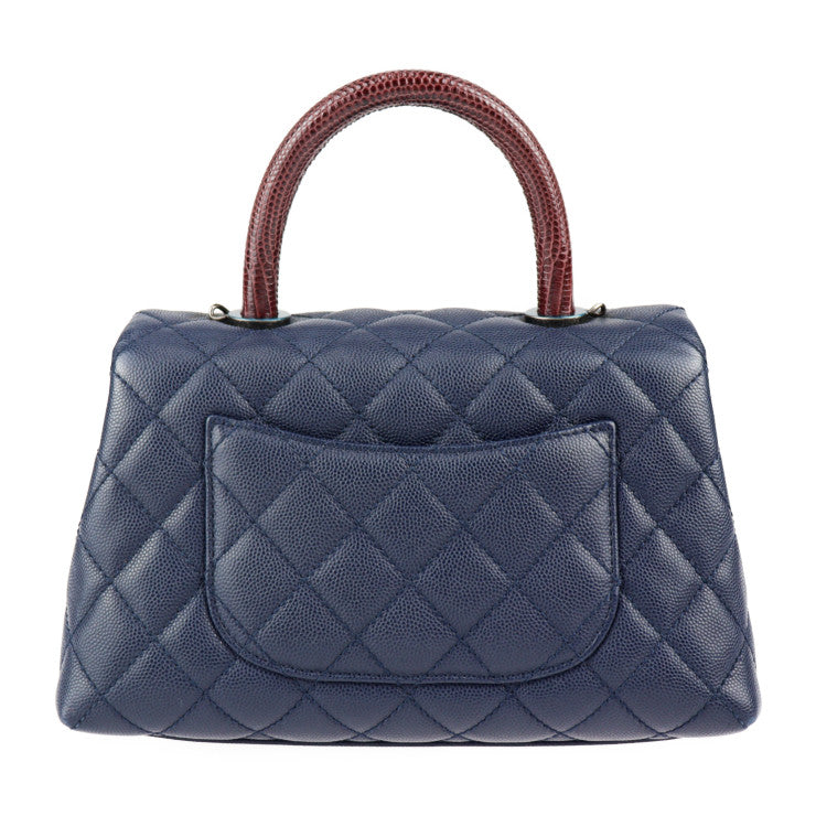 美品 CHANEL シャネル ココハンドル XS マトラッセ ハンドバッグ A92990 リザード キャビアスキン ネイビー ブラウン系 ガンメタル金具 2WAY ショルダーバッグ ターンロック ココマーク トップハンドル