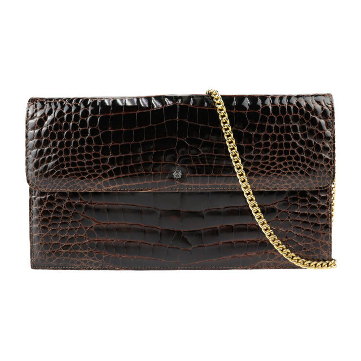 LOEWE ロエベ バッグ ショルダーバッグ - クロコダイル ブラウン ゴールド金具 2WAY クラッチバッグ チェーンショルダー