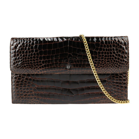 LOEWE ロエベ バッグ ショルダーバッグ - クロコダイル ブラウン ゴールド金具 2WAY クラッチバッグ チェーンショルダー
