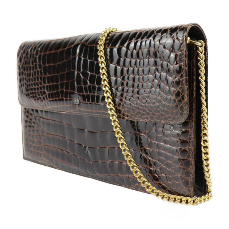 LOEWE ロエベ バッグ ショルダーバッグ - クロコダイル ブラウン ゴールド金具 2WAY クラッチバッグ チェーンショルダー