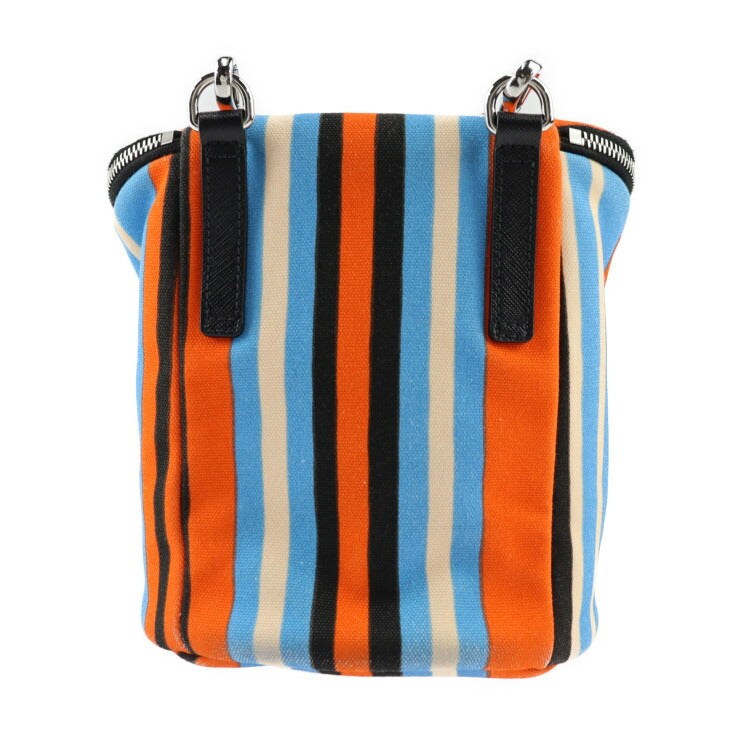 美品 PRADA プラダ トライアングルロゴ ショルダーバッグ 2VH147 キャンバス レザー オレンジ×ブルー×アイボリー×ブラック シルバー金具 ポーチ付き ポシェット ストライプ 三角ロゴプレート