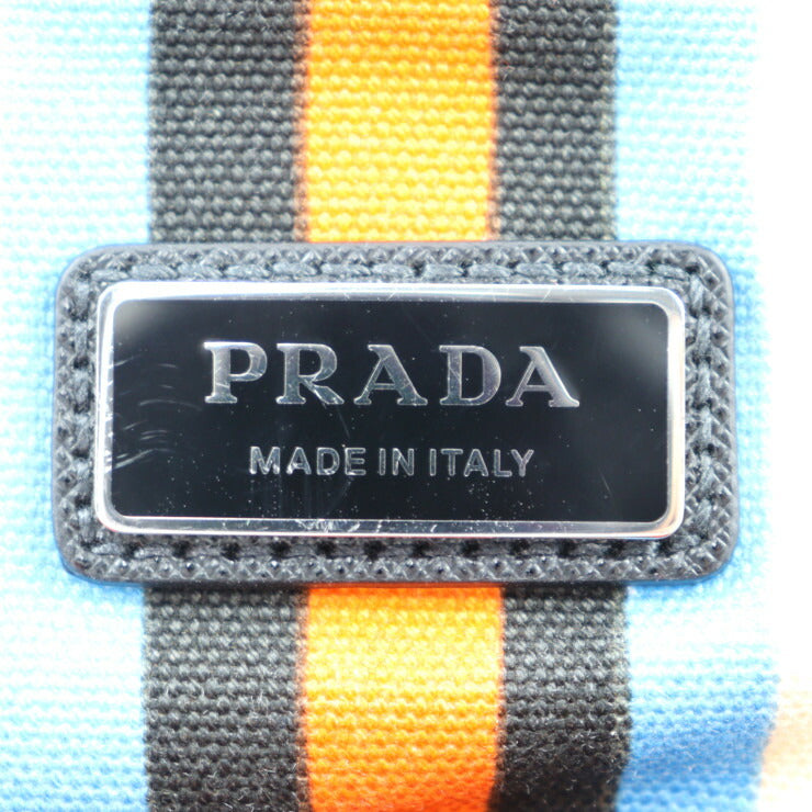美品 PRADA プラダ トライアングルロゴ ショルダーバッグ 2VH147 キャンバス レザー オレンジ×ブルー×アイボリー×ブラック シルバー金具 ポーチ付き ポシェット ストライプ 三角ロゴプレート
