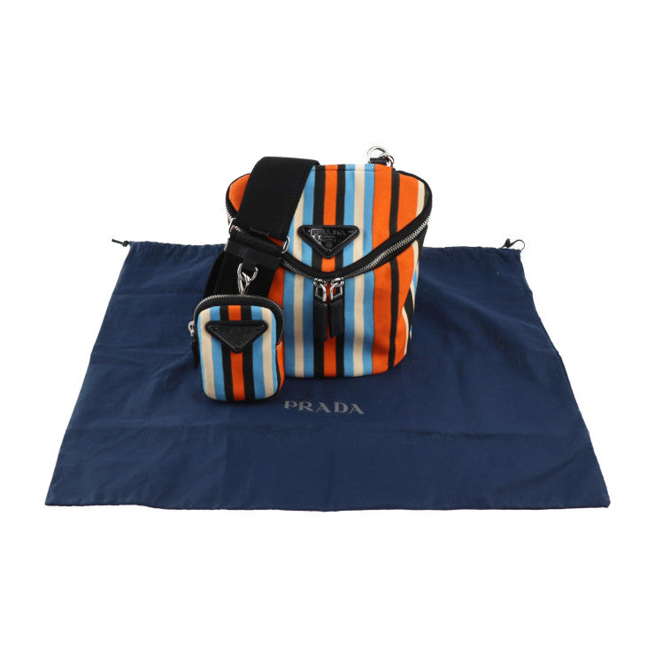 美品 PRADA プラダ トライアングルロゴ ショルダーバッグ 2VH147 キャンバス レザー オレンジ×ブルー×アイボリー×ブラック シルバー金具 ポーチ付き ポシェット ストライプ 三角ロゴプレート