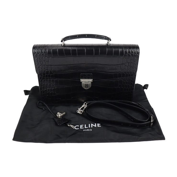 美品 CELINE セリーヌ カータブル ビジネスバッグ - クロコ型押しレザー ブラック シルバー金具 2WAY ブリーフケース ハンドバッグ ショルダーバッグ フラップ