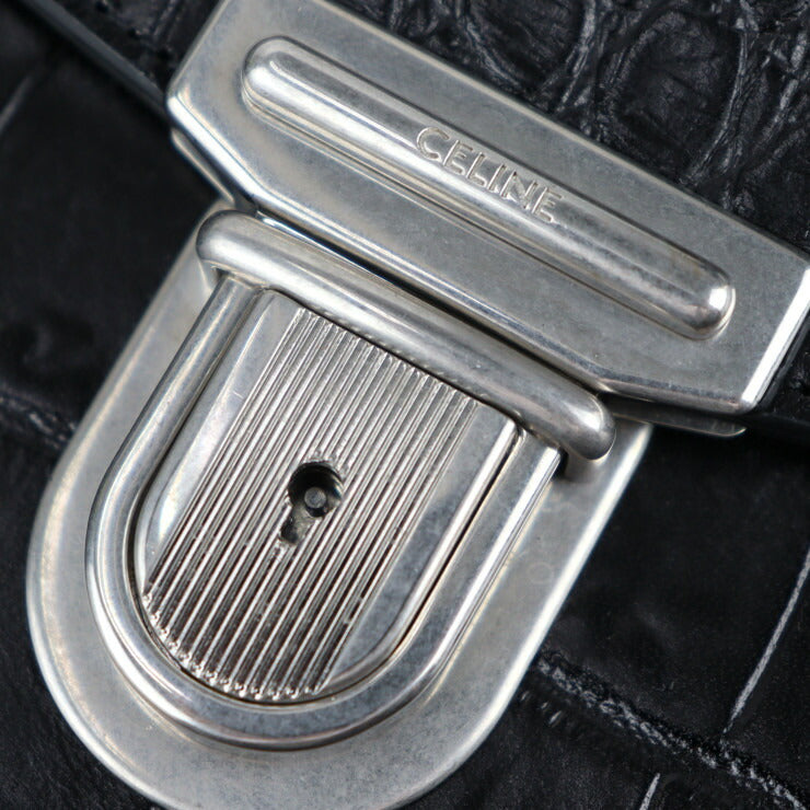 美品 CELINE セリーヌ カータブル ビジネスバッグ - クロコ型押しレザー ブラック シルバー金具 2WAY ブリーフケース ハンドバッグ ショルダーバッグ フラップ