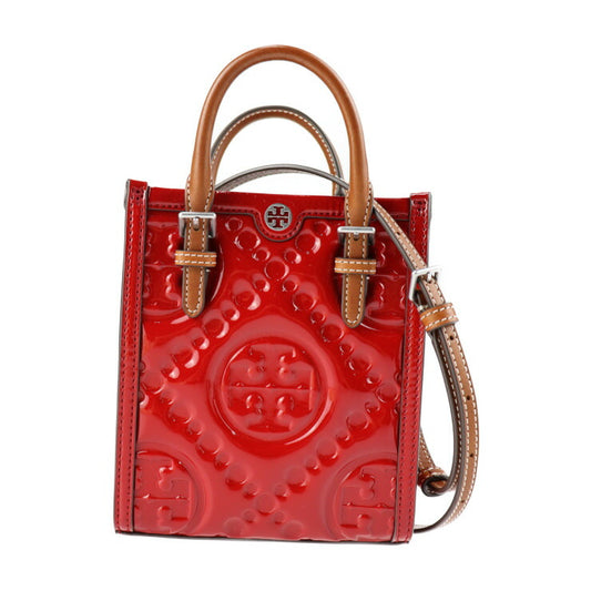 超美品 Tory Burch トリーバーチ 2WAY ミニ トート ハンドバッグ - パテントレザー レッド系 ブラウン シルバー金具 ショルダーバッグ Tモノグラム