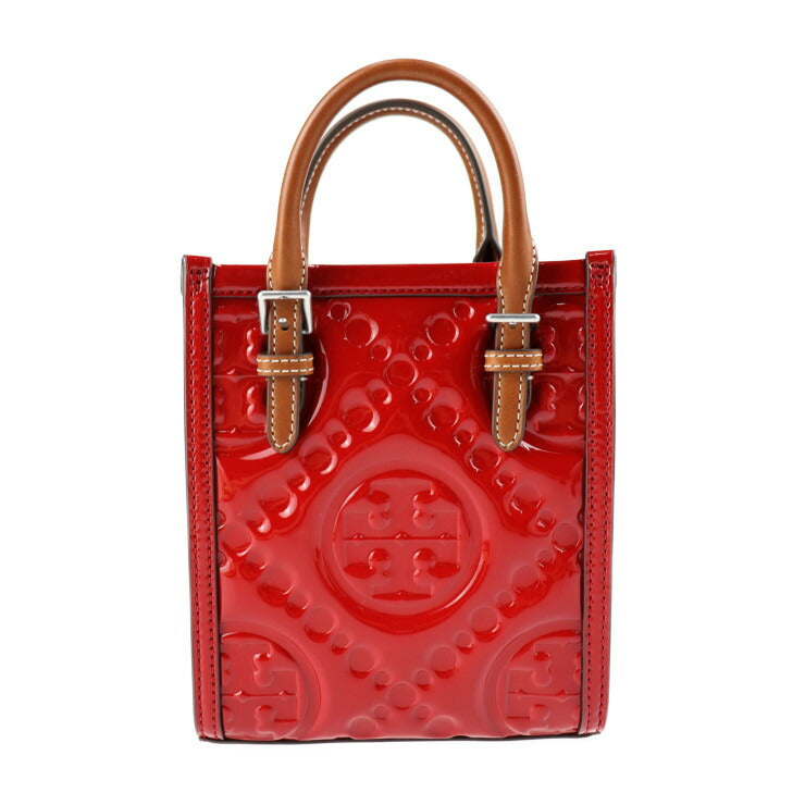 超美品 Tory Burch トリーバーチ 2WAY ミニ トート ハンドバッグ - パテントレザー レッド系 ブラウン シルバー金具 ショルダーバッグ Tモノグラム