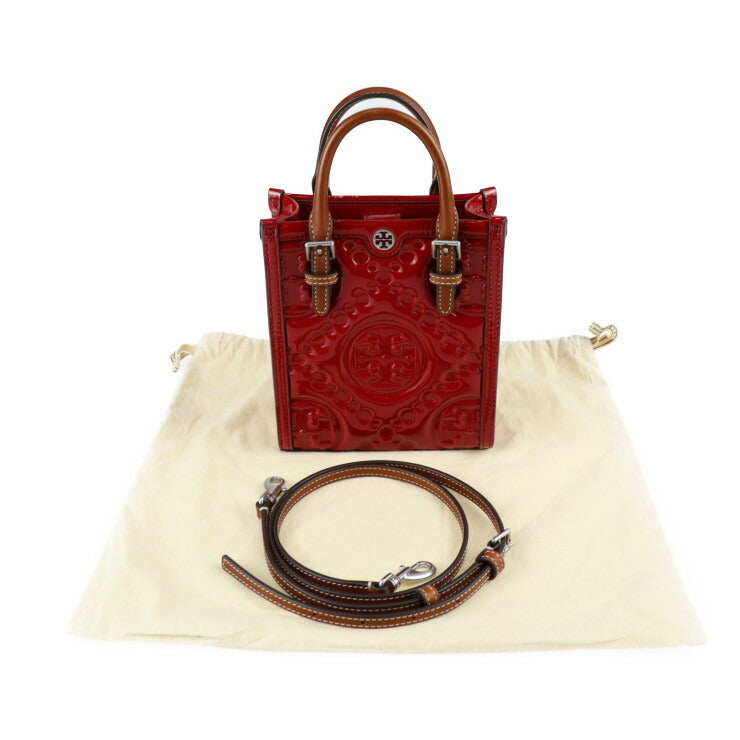 超美品 Tory Burch トリーバーチ 2WAY ミニ トート ハンドバッグ - パテントレザー レッド系 ブラウン シルバー金具 ショルダーバッグ Tモノグラム
