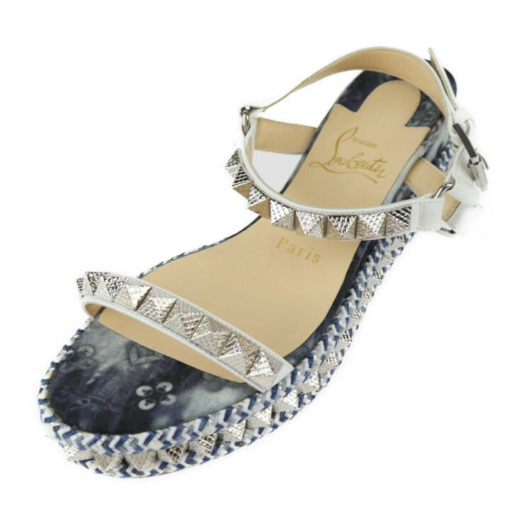 新古未使用展示品 Christian Louboutin クリスチャンルブタン PARACLOU ピラクル サンダル 表記サイズ 35 キャンバス レザー ブルー系 ホワイト シルバー金具 ウェッジソール スクエアスタッズ バックストラップ