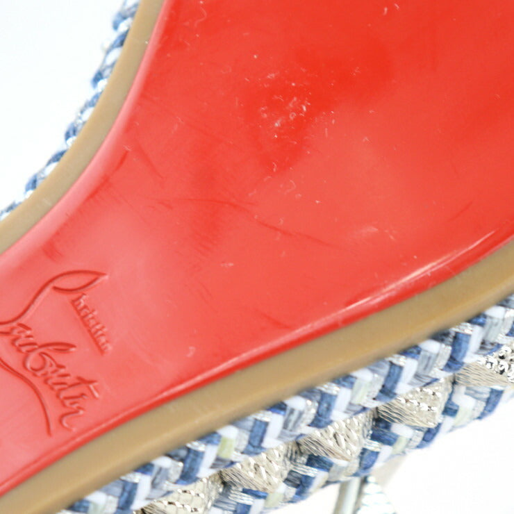 新古未使用展示品 Christian Louboutin クリスチャンルブタン PARACLOU ピラクル サンダル 表記サイズ 35 キャンバス レザー ブルー系 ホワイト シルバー金具 ウェッジソール スクエアスタッズ バックストラップ