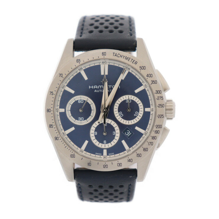 美品 HAMILTON ハミルトン パフォーマー オートクロノ ジャズマスター 腕時計 H36616640 ステンレススチール レザー シルバー ネイビー デイト 裏スケ 自動巻き