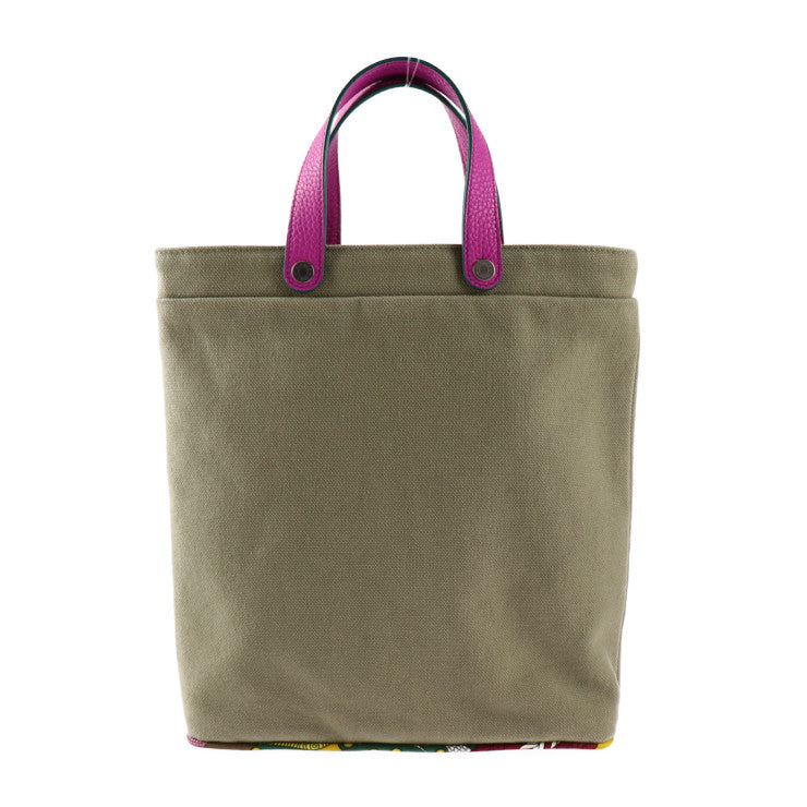 超美品 HERMES エルメス petit h プティアッシュ トートバッグ - コットンキャンバス レザー シルク カーキ系 ピンクパープル系 ハンドバッグ