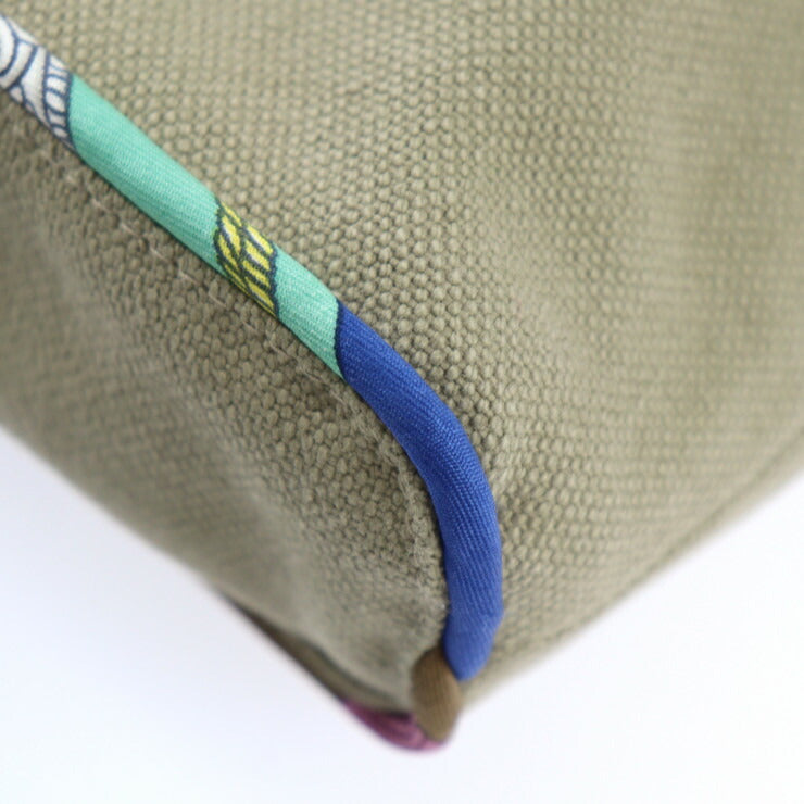 超美品 HERMES エルメス petit h プティアッシュ トートバッグ - コットンキャンバス レザー シルク カーキ系 ピンクパープル系 ハンドバッグ