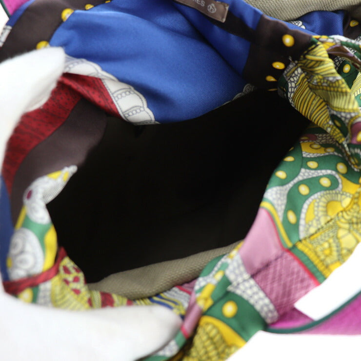 超美品 HERMES エルメス petit h プティアッシュ トートバッグ - コットンキャンバス レザー シルク カーキ系 ピンクパープル系 ハンドバッグ