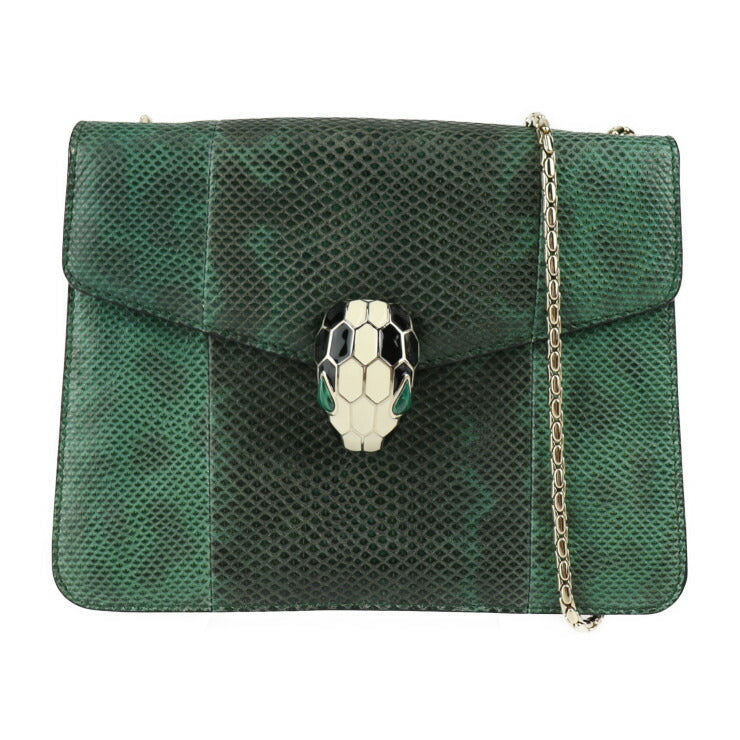 美品 BVLGARI ブルガリ セルペンティ ショルダーバッグ - レザー グリーン系 ゴールド金具 リザード型押し スネークヘッド チェーンショルダー ポシェット