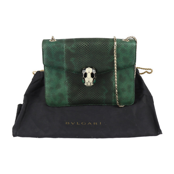 美品 BVLGARI ブルガリ セルペンティ ショルダーバッグ - レザー グリーン系 ゴールド金具 リザード型押し スネークヘッド チェーンショルダー ポシェット