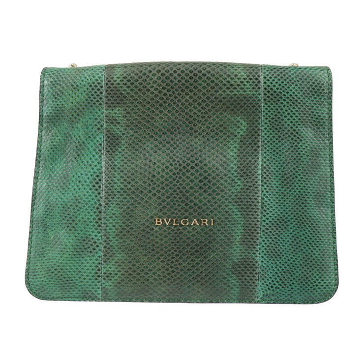 美品 BVLGARI ブルガリ セルペンティ ショルダーバッグ - レザー グリーン系 ゴールド金具 リザード型押し スネークヘッド チェーンショルダー ポシェット