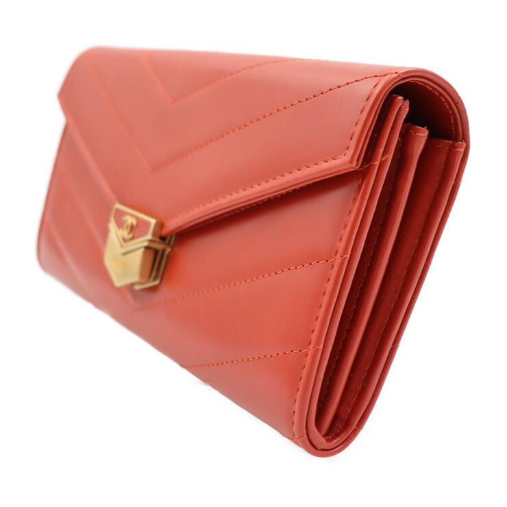 新古未使用展示品 CHANEL シャネル シェブロン 長財布 A81255 レンガ色 ゴールド金具 フラップ かぶせ蓋 ココマーク