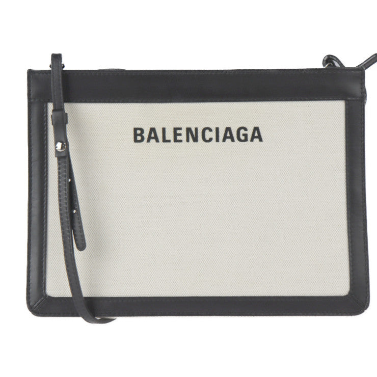 美品 BALENCIAGA バレンシアガ ネイビーポシェット ショルダーバッグ 339937 キャンバス レザー ナチュラル ブラック 2WAY セカンドバッグ