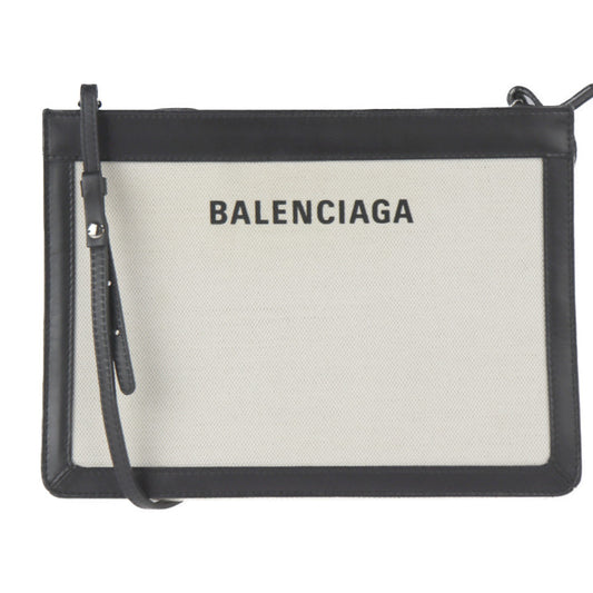 美品 BALENCIAGA バレンシアガ ネイビーポシェット ショルダーバッグ 339937 キャンバス レザー ナチュラル ブラック 2WAY セカンドバッグ