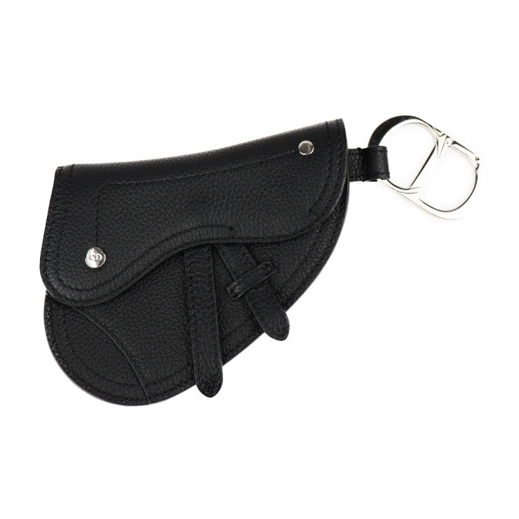 超美品 Christian Dior クリスチャンディオール SADDLE POACH サドルポーチ コインケース - レザー ブラック シルバー金具 アクセサリーポーチ キーリング バッグチャーム 小物入れ