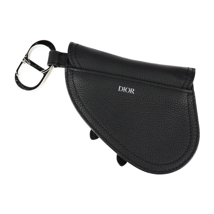 超美品 Christian Dior クリスチャンディオール SADDLE POACH サドルポーチ コインケース - レザー ブラック シルバー金具 アクセサリーポーチ キーリング バッグチャーム 小物入れ