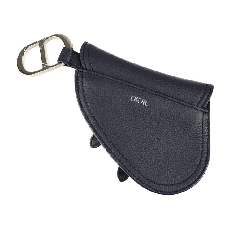 超美品 Dior ディオール SADDLE POACH サドルポーチ コインケース - レザー ダークネイビー シルバー金具 アクセサリーポーチ キーリング バッグチャーム 小物入れ
