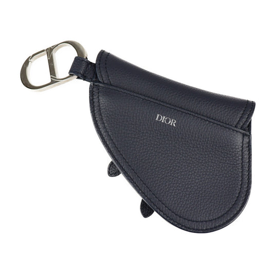 超美品 Dior ディオール SADDLE POACH サドルポーチ コインケース - レザー ダークネイビー シルバー金具 アクセサリーポーチ キーリング バッグチャーム 小物入れ