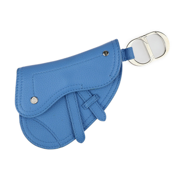 超美品 Christian Dior クリスチャンディオール SADDLE POACH サドルポーチ コインケース - レザー ブルー シルバー金具 アクセサリーポーチ キーリング バッグチャーム 小物入れ