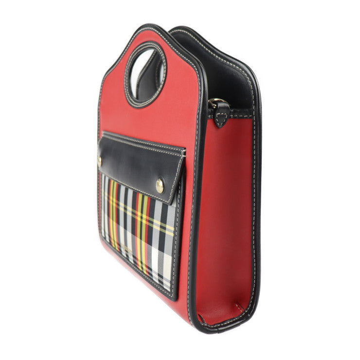 BURBERRY バーバリー ミニ ポケットバッグ ハンドバッグ レザー ナイロンキャンバス レッド ブラック マルチカラー ゴールド金具 チェック柄 2WAY ショルダーバッグ