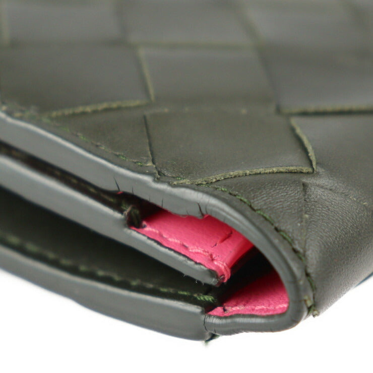 美品 BOTTEGAVENETA ボッテガヴェネタ イントレチャート 二つ折り財布 635567 レザー ブラック ピンク 札入れ 長財布