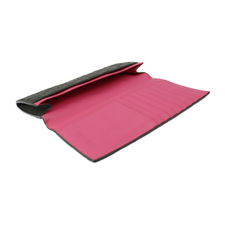 美品 BOTTEGAVENETA ボッテガヴェネタ イントレチャート 二つ折り財布 635567 レザー ブラック ピンク 札入れ 長財布