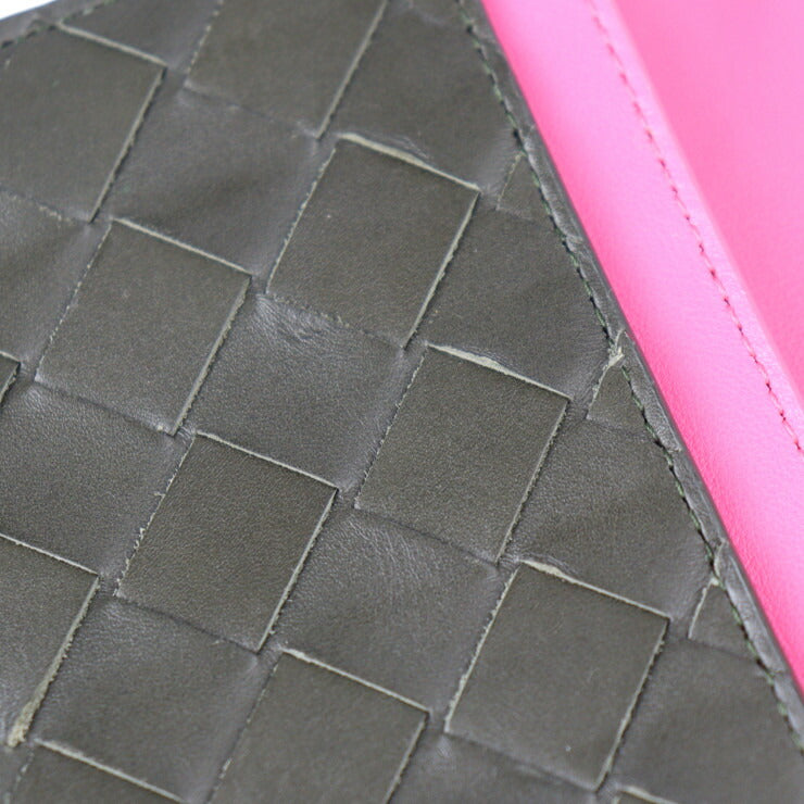 美品 BOTTEGAVENETA ボッテガヴェネタ イントレチャート 二つ折り財布 635567 レザー ブラック ピンク 札入れ 長財布