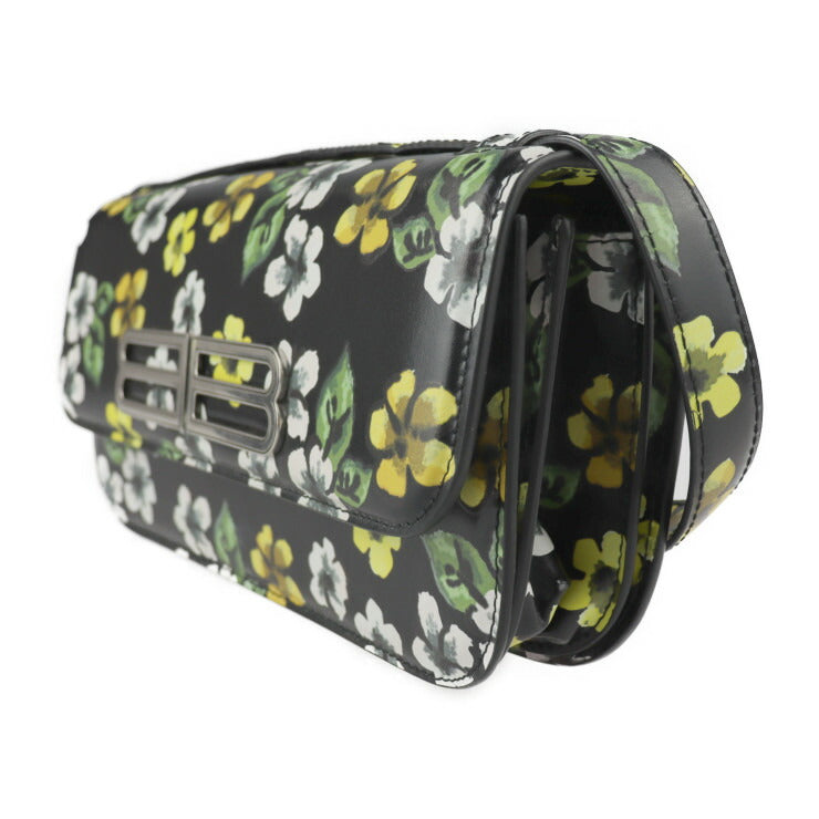 美品 BALENCIAGA バレンシアガ GOSSIP BAG SML ショルダーバッグ 674693 レザー ブラック マルチカラー シルバー金具 ゴシップ フラワー 花柄 BBロゴ