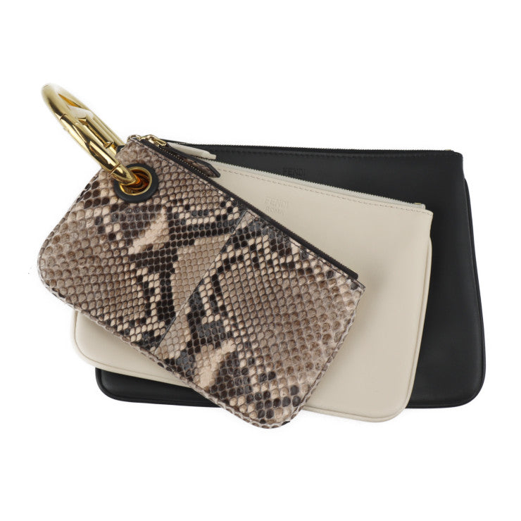 美品 FENDI フェンディ トリプレット セカンドバッグ 8BS001 レザー パイソン 黒×アイボリー×ブラウン系 ゴールド金具 ポーチ クラッチバッグ