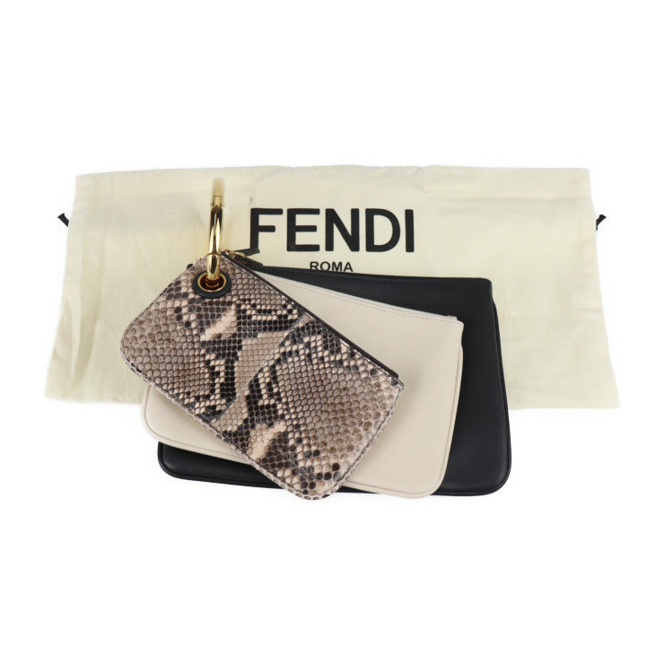美品 FENDI フェンディ トリプレット セカンドバッグ 8BS001 レザー パイソン 黒×アイボリー×ブラウン系 ゴールド金具 ポーチ クラッチバッグ