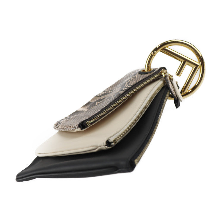 美品 FENDI フェンディ トリプレット セカンドバッグ 8BS001 レザー パイソン 黒×アイボリー×ブラウン系 ゴールド金具 ポーチ クラッチバッグ