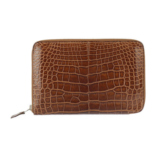 美品 HERMES エルメス アザップ コンバイン 二つ折り財布 - アリゲーター ブラウン系 シルバー金具 ラウンドファスナー 長財布 □Q刻印