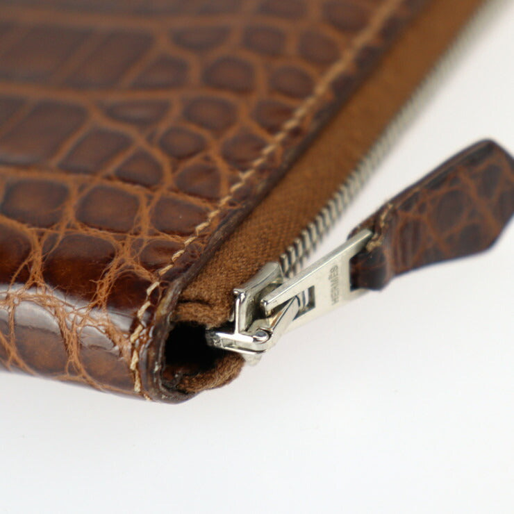 美品 HERMES エルメス アザップ コンバイン 二つ折り財布 - アリゲーター ブラウン系 シルバー金具 ラウンドファスナー 長財布 □Q刻印
